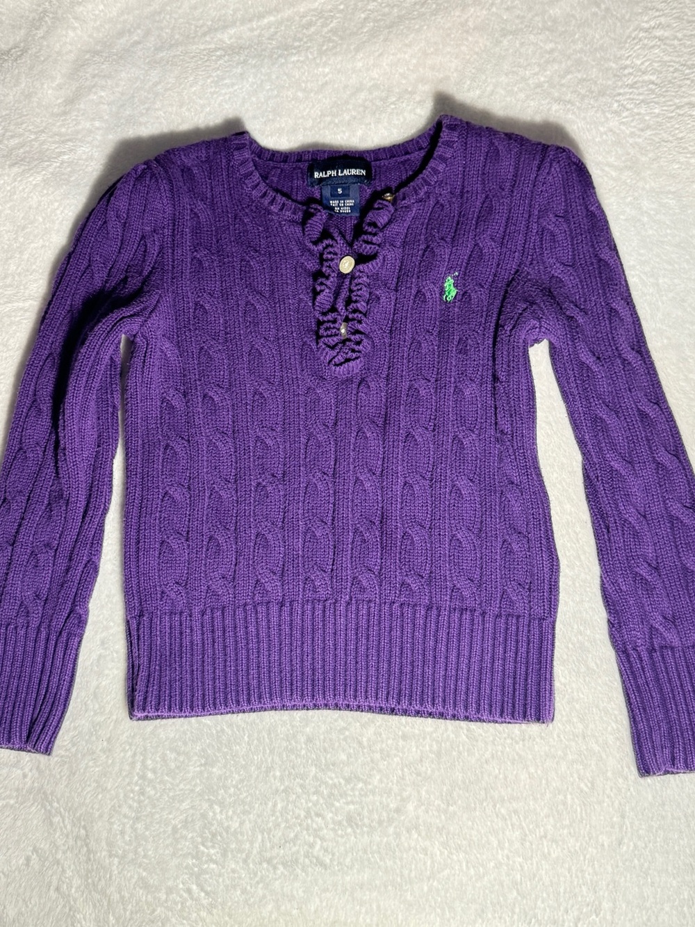 Ralph Lauren Purple Cable-Knit Ruffle Henley Sweater with Green logo